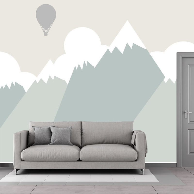 Hot Air Balloon Wall Murals in Grey and Green, Kids Style Mountain Wall Decor for Home Clearhalo 'Wall Decor' 'Wall Mural' 1186789