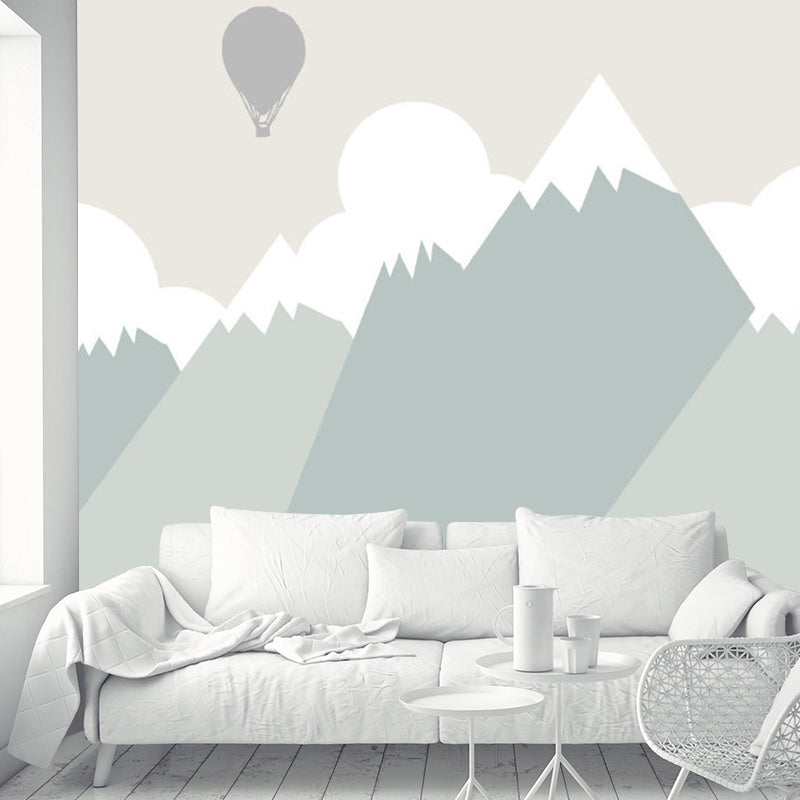 Hot Air Balloon Wall Murals in Grey and Green, Kids Style Mountain Wall Decor for Home Clearhalo 'Wall Decor' 'Wall Mural' 1186790