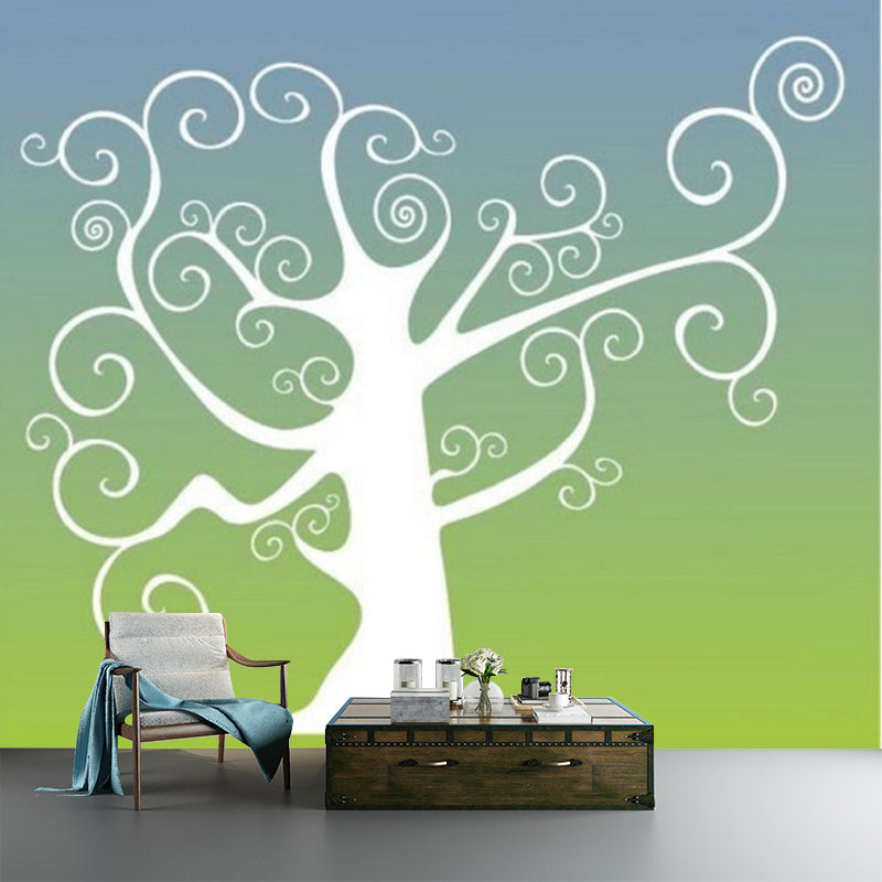 Illustration Tree Murals Decal for Child Bedroom, Blue and Green, Personalised Size Blue-Green Clearhalo 'Wall Decor' 'Wall Mural' 1186793