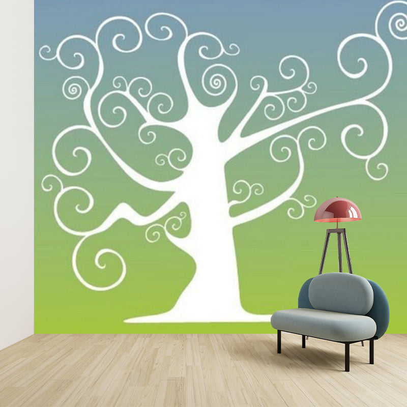 Illustration Tree Murals Decal for Child Bedroom, Blue and Green, Personalised Size Clearhalo 'Wall Decor' 'Wall Mural' 1186794