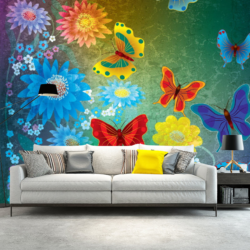 Colorful Butterfly and Florets Mural Moisture Resistant Childrens Art Bedroom Wall Covering Red-Yellow-Blue-Green Clearhalo 'Wall Decor' 'Wall Mural' 1186833