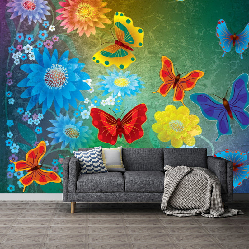 Colorful Butterfly and Florets Mural Moisture Resistant Childrens Art Bedroom Wall Covering Clearhalo 'Wall Decor' 'Wall Mural' 1186834