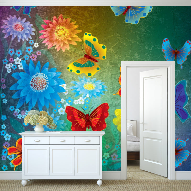 Colorful Butterfly and Florets Mural Moisture Resistant Childrens Art Bedroom Wall Covering Clearhalo 'Wall Decor' 'Wall Mural' 1186835