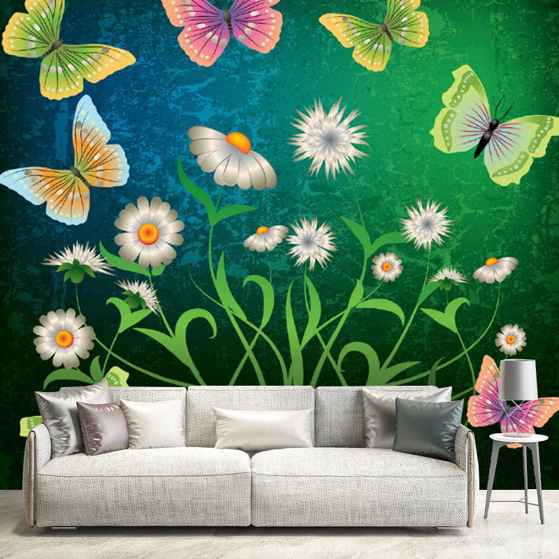 Romantic Butterfly and Flower Murals for Children Bedroom Adventure Wall Decor, Full Size Pink-Green Clearhalo 'Wall Decor' 'Wall Mural' 1186838