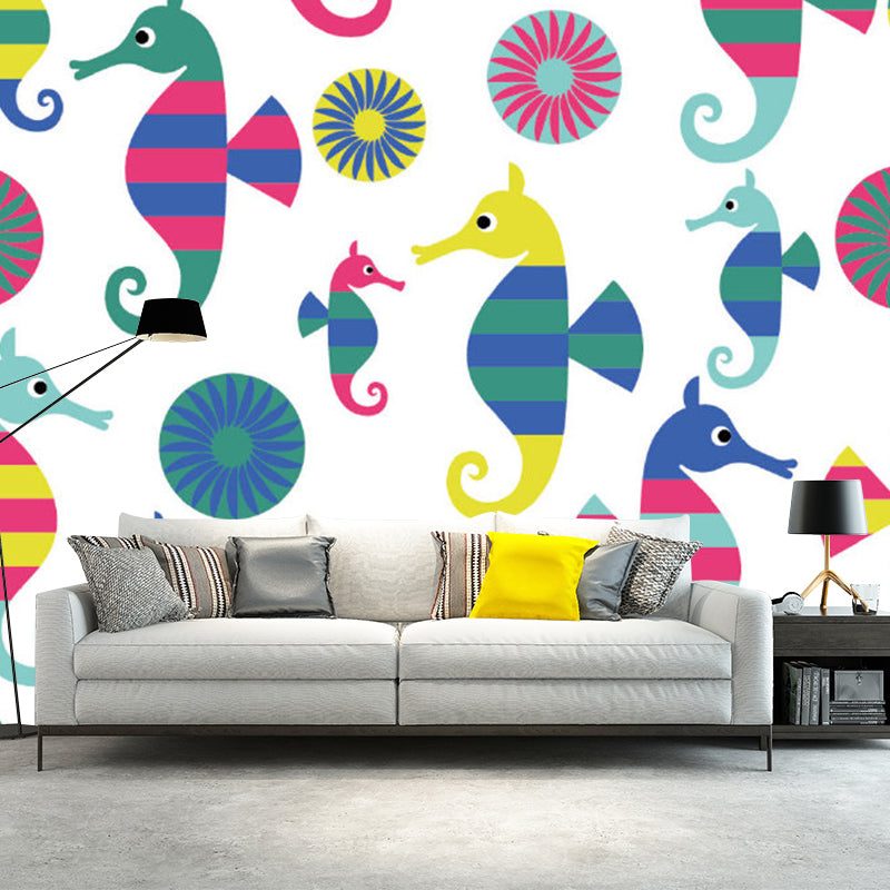 Hippocampus Wall Mural Decal Soft Color Childrens Art Wall Decor for Kids Bedroom Hot Pink-Blue-Green Clearhalo 'Wall Decor' 'Wall Mural' 1186848