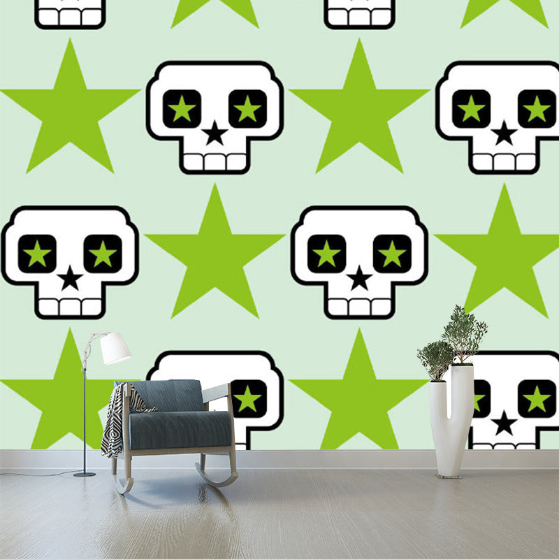 Cartoon Skull and Star Wall Murals Green and White Stain Resistant Wall Decor for Kids Bedroom Green-White Clearhalo 'Wall Decor' 'Wall Mural' 1186863