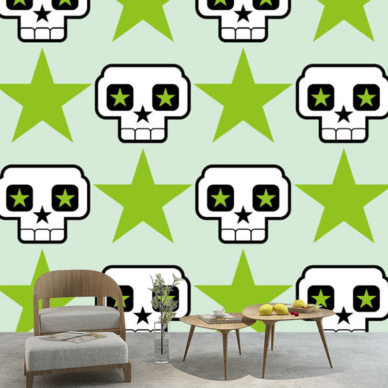 Cartoon Skull and Star Wall Murals Green and White Stain Resistant Wall Decor for Kids Bedroom Clearhalo 'Wall Decor' 'Wall Mural' 1186864