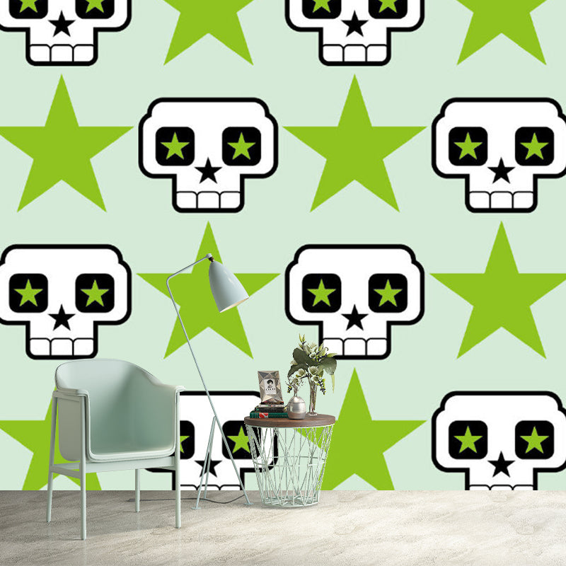 Cartoon Skull and Star Wall Murals Green and White Stain Resistant Wall Decor for Kids Bedroom Clearhalo 'Wall Decor' 'Wall Mural' 1186865