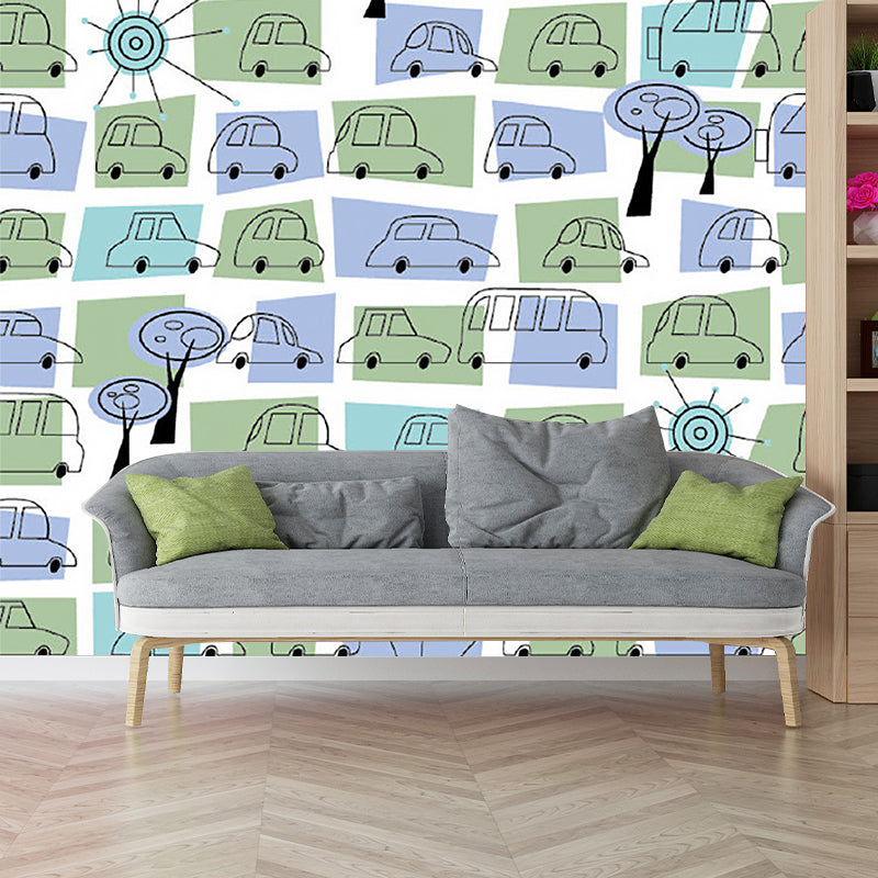 Personalised Size Illustration Cartoon Mural with Multi Cars in Green and Purple Purple-Green Clearhalo 'Wall Decor' 'Wall Mural' 1186868