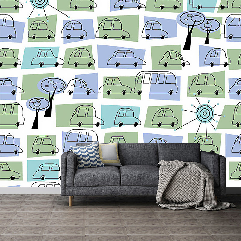 Personalised Size Illustration Cartoon Mural with Multi Cars in Green and Purple Clearhalo 'Wall Decor' 'Wall Mural' 1186869