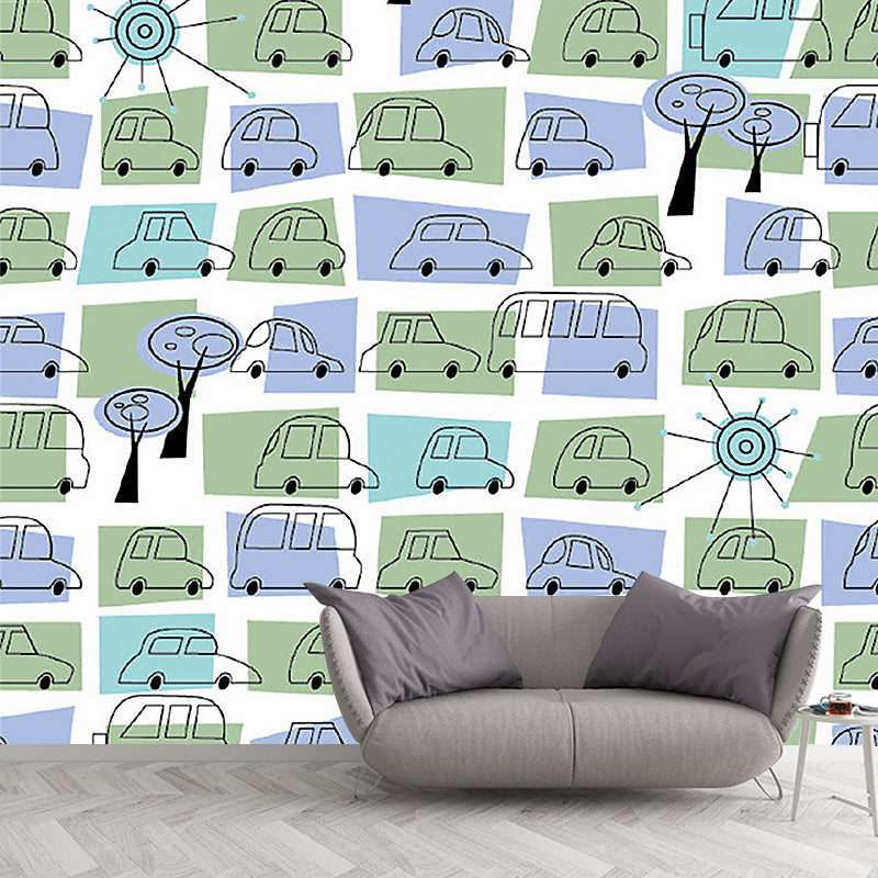 Personalised Size Illustration Cartoon Mural with Multi Cars in Green and Purple Clearhalo 'Wall Decor' 'Wall Mural' 1186870