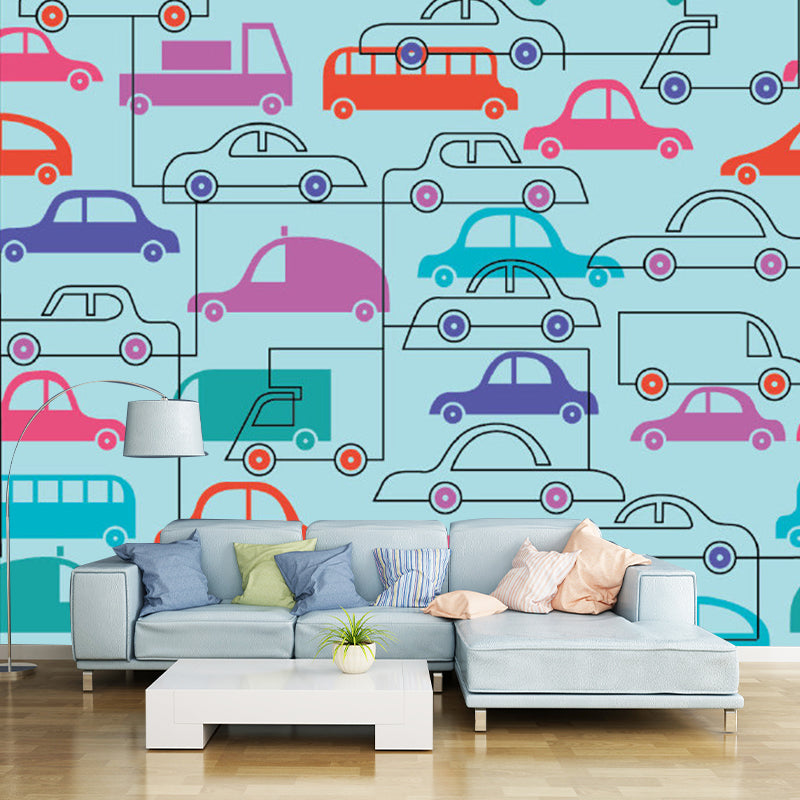 Whole Cars Murals for Wall Children Art Non-Woven Wall Decor for Home, Personalised Size Hot Pink-Blue-Green Clearhalo 'Wall Decor' 'Wall Mural' 1186873
