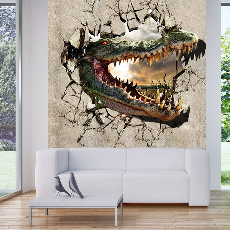 Full Size Dinosaur Mural Decal Moisture Resistant Prints 3D Boys Bedroom Wall Art Brown Clearhalo 'Wall Decor' 'Wall Mural' 1186883