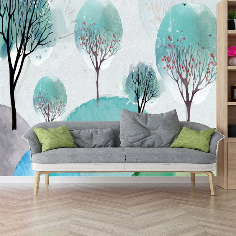 Blue and Green Murals Trees Childrens Art Waterproof Wall Covering for Accent Wall Clearhalo 'Wall Decor' 'Wall Mural' 1186895