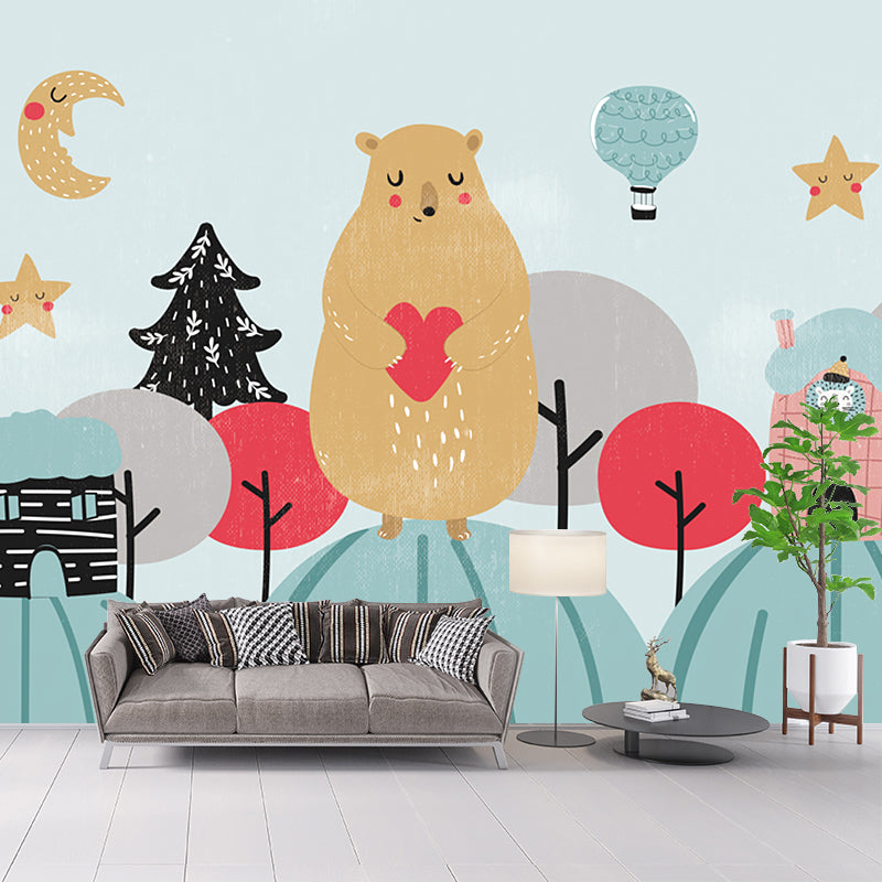 Extra Large Cartoon Wall Murals Stain Resistant Wild Animal Baby Bedroom Wall Decor Blue-Brown Clearhalo 'Wall Decor' 'Wall Mural' 1186908