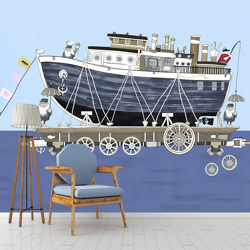 Kids Ship on Sea Murals Wallpaper Grey and Blue Decorative Wall Decor for Boys Bedroom Gray-Blue Clearhalo 'Wall Decor' 'Wall Mural' 1186918