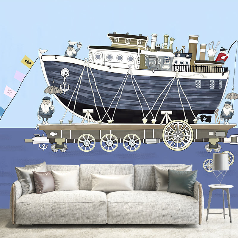 Kids Ship on Sea Murals Wallpaper Grey and Blue Decorative Wall Decor for Boys Bedroom Clearhalo 'Wall Decor' 'Wall Mural' 1186919