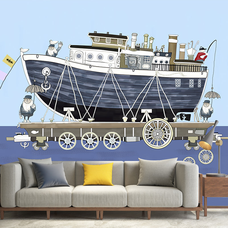 Kids Ship on Sea Murals Wallpaper Grey and Blue Decorative Wall Decor for Boys Bedroom Clearhalo 'Wall Decor' 'Wall Mural' 1186920