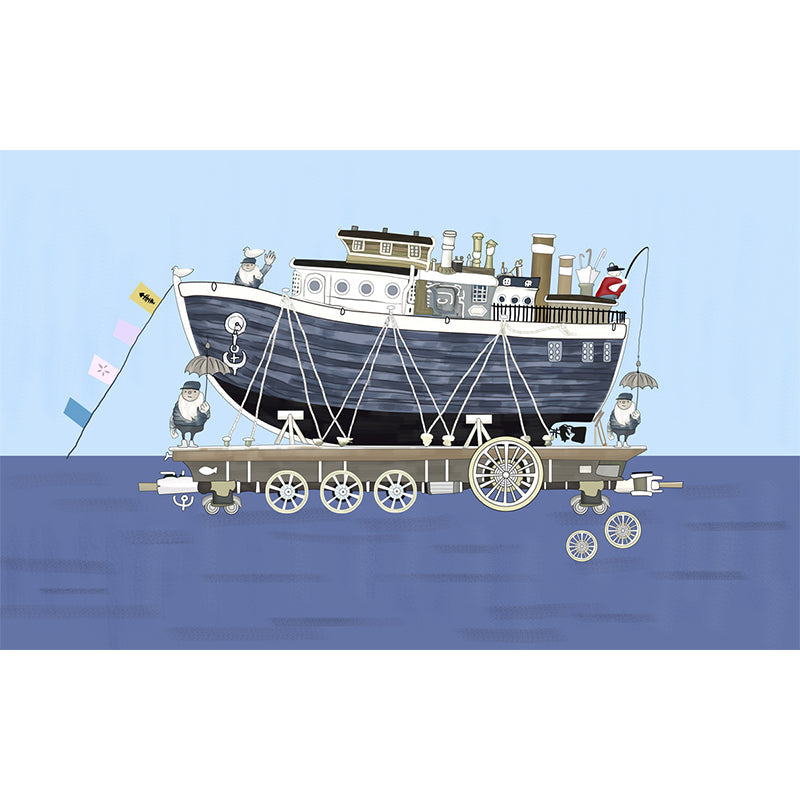 Kids Ship on Sea Murals Wallpaper Grey and Blue Decorative Wall Decor for Boys Bedroom Clearhalo 'Wall Decor' 'Wall Mural' 1186921