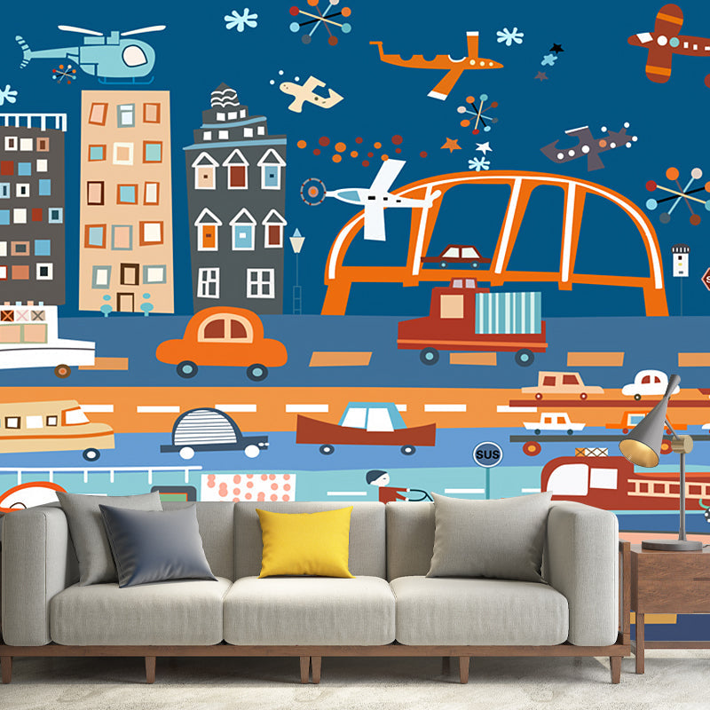 Blue-Orange Transportation Wall Murals Stain Resistant Childrens Art Bedroom Wall Covering Blue-Orange Clearhalo 'Wall Decor' 'Wall Mural' 1186923