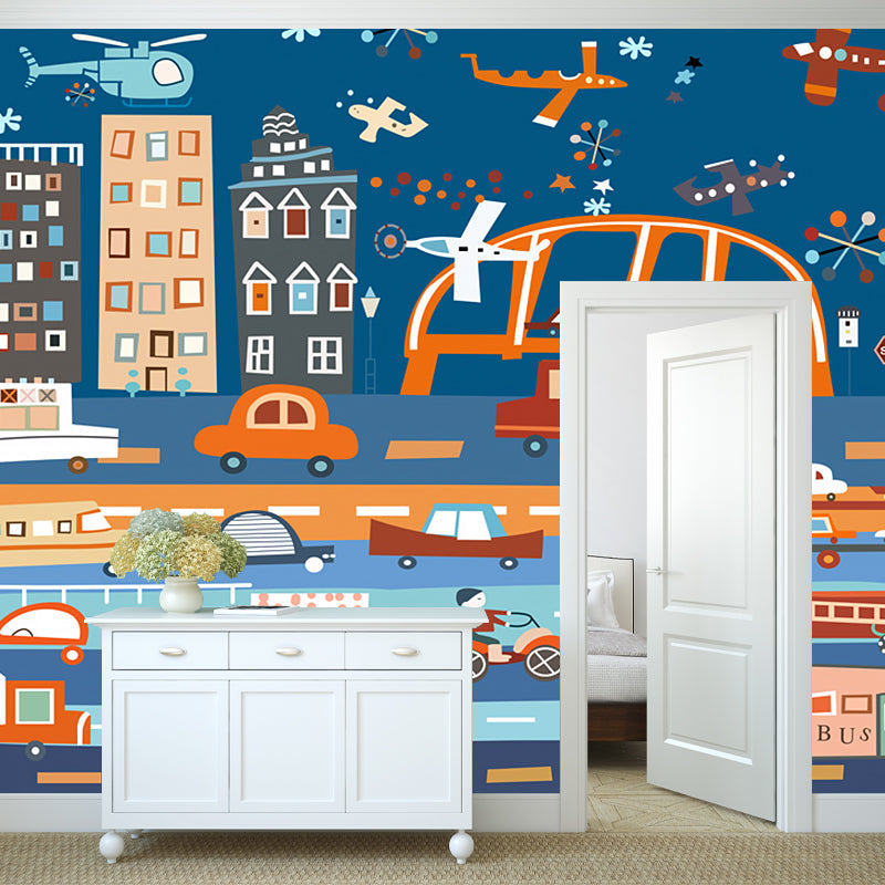 Blue-Orange Transportation Wall Murals Stain Resistant Childrens Art Bedroom Wall Covering Clearhalo 'Wall Decor' 'Wall Mural' 1186925