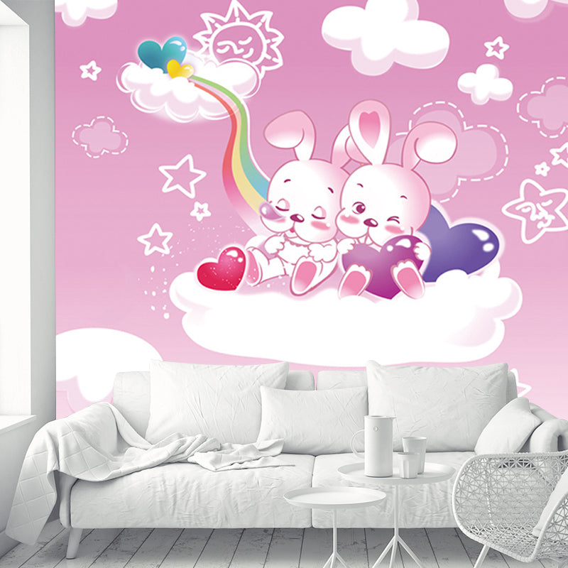 Pink Cartoon Wall Covering Murals Whole Rabbit on the Cloud Wall Art for Baby Room Pink Clearhalo 'Wall Decor' 'Wall Mural' 1186938