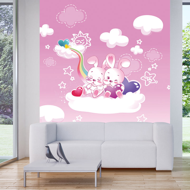 Pink Cartoon Wall Covering Murals Whole Rabbit on the Cloud Wall Art for Baby Room Clearhalo 'Wall Decor' 'Wall Mural' 1186939