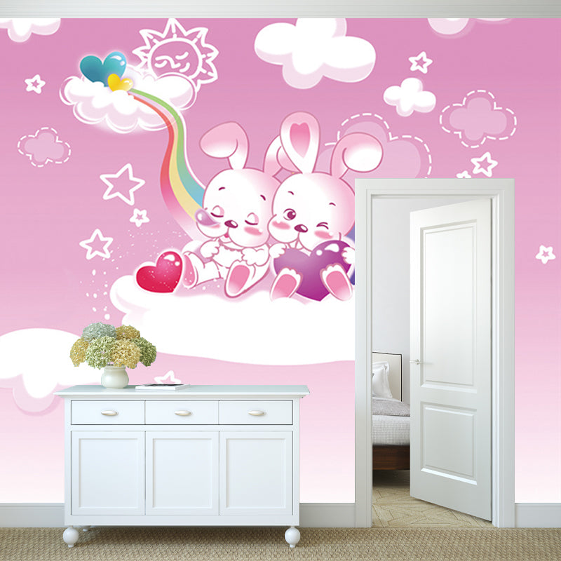 Pink Cartoon Wall Covering Murals Whole Rabbit on the Cloud Wall Art for Baby Room Clearhalo 'Wall Decor' 'Wall Mural' 1186940