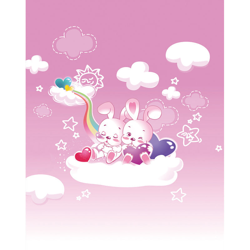 Pink Cartoon Wall Covering Murals Whole Rabbit on the Cloud Wall Art for Baby Room Clearhalo 'Wall Decor' 'Wall Mural' 1186941