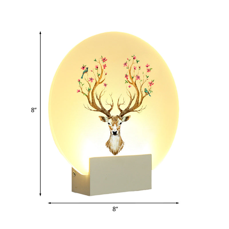 Circular Guest Room Elk Deer Mural Light Acrylic LED Oriental Style Wall Light Fixture in White Clearhalo 'Wall Lamps & Sconces' 'Wall Lights' Lighting' 1192494