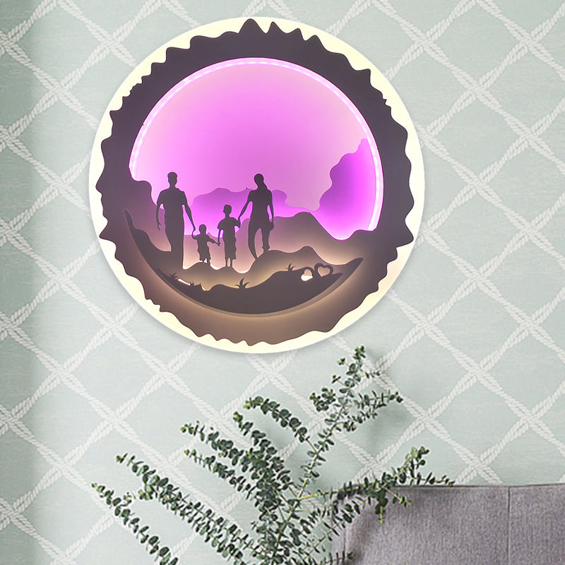 Round Bedroom Wall Mural Light Acrylic LED Chinese Style Wall Mounted Lighting with Loving Family/Surfing Pattern in Purple/Green Clearhalo 'Wall Lamps & Sconces' 'Wall Lights' Lighting' 1192586