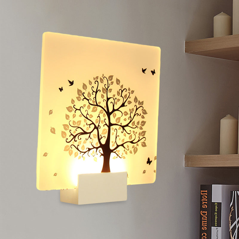 White Square Tree and Bird Wall Light Nordic Style LED Acrylic Wall Mural Lamp for Living Room White Clearhalo 'Wall Lamps & Sconces' 'Wall Lights' Lighting' 1192599