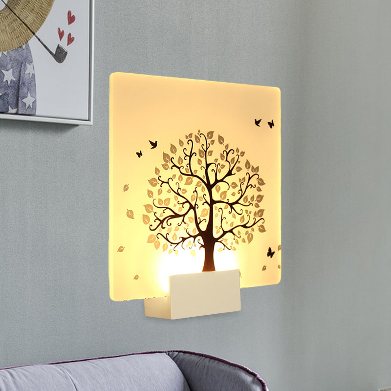 White Square Tree and Bird Wall Light Nordic Style LED Acrylic Wall Mural Lamp for Living Room Clearhalo 'Wall Lamps & Sconces' 'Wall Lights' Lighting' 1192600