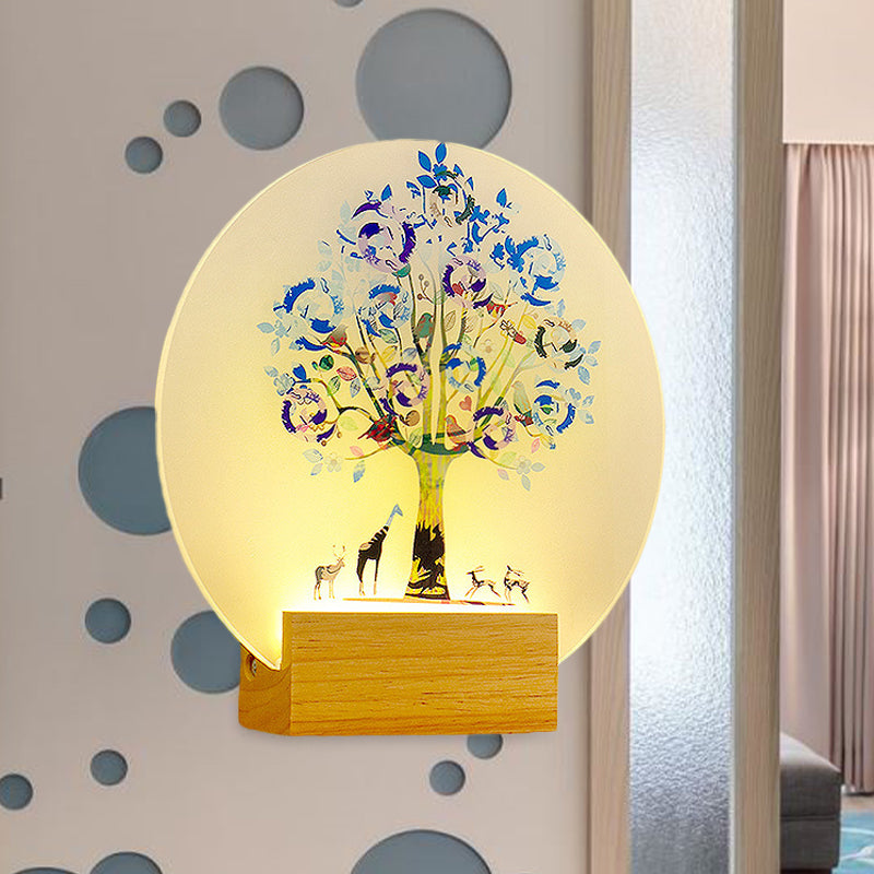 Nordic LED Wall Mural Lamp Acrylic Wood Circular Tree and Animal Wall Lighting Fixture Wood Clearhalo 'Wall Lamps & Sconces' 'Wall Lights' Lighting' 1192607