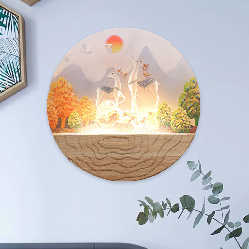 Wood Rounded Elk and Mountain Mural Lamp Minimalist Style LED Acrylic Wall Mount Light Fixture Clearhalo 'Wall Lamps & Sconces' 'Wall Lights' Lighting' 1192632