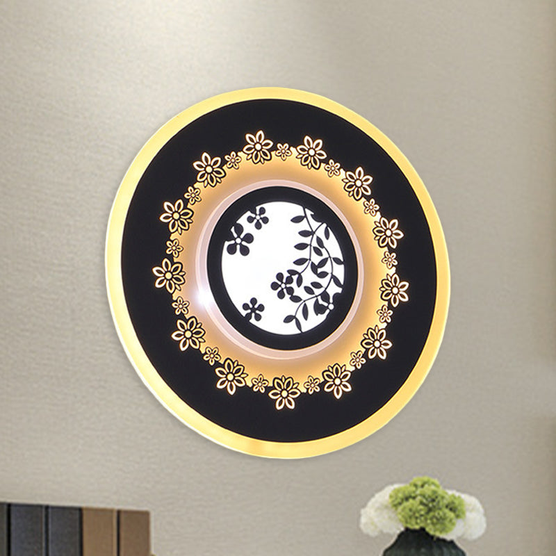 Rounded Corridor Wall Mount Light Fixture Acrylic LED Simple Wall Mural Lamp in Black with Feather/Blossom Pattern Clearhalo 'Wall Lamps & Sconces' 'Wall Lights' Lighting' 1192677