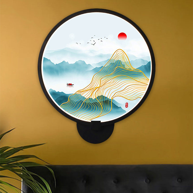 Circular Natural View Wall Lamp Chinese Metal LED Black Wall Mural Light for Bedroom Clearhalo 'Wall Lamps & Sconces' 'Wall Lights' Lighting' 1192758