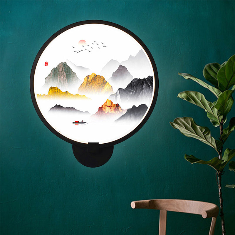 Circular Natural View Wall Lamp Chinese Metal LED Black Wall Mural Light for Bedroom Clearhalo 'Wall Lamps & Sconces' 'Wall Lights' Lighting' 1192762