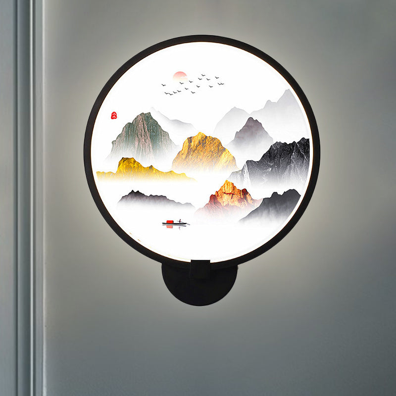 Circular Natural View Wall Lamp Chinese Metal LED Black Wall Mural Light for Bedroom Clearhalo 'Wall Lamps & Sconces' 'Wall Lights' Lighting' 1192763