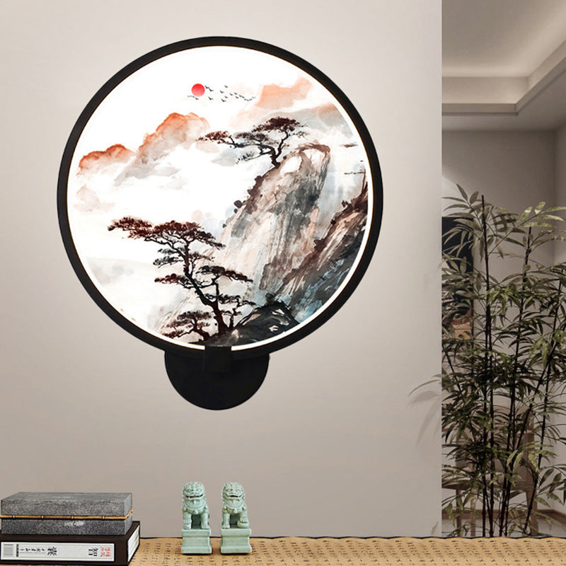 LED Hallway Wall Lighting Fixture Chinese Black Pine Tree and Mountain Mural Light with Round Acrylic Shade Black Clearhalo 'Wall Lamps & Sconces' 'Wall Lights' Lighting' 1192766