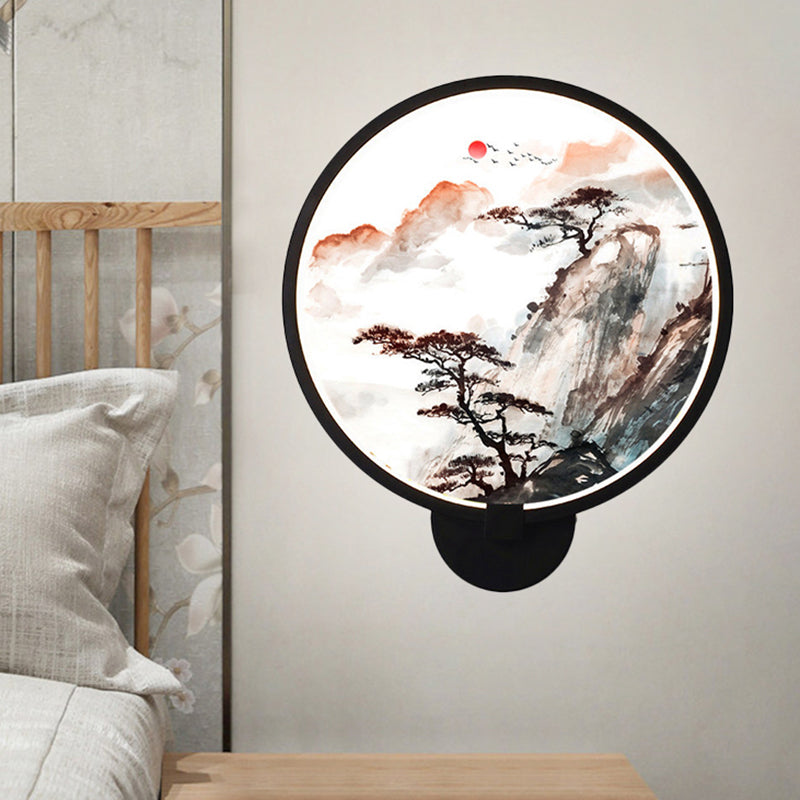 LED Hallway Wall Lighting Fixture Chinese Black Pine Tree and Mountain Mural Light with Round Acrylic Shade Clearhalo 'Wall Lamps & Sconces' 'Wall Lights' Lighting' 1192767