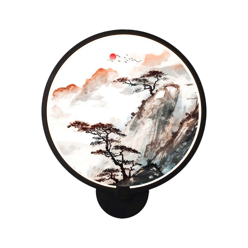 LED Hallway Wall Lighting Fixture Chinese Black Pine Tree and Mountain Mural Light with Round Acrylic Shade Clearhalo 'Wall Lamps & Sconces' 'Wall Lights' Lighting' 1192768