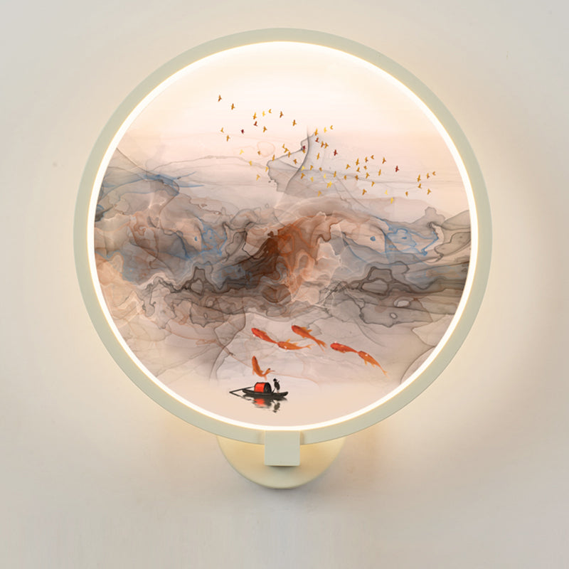 White Rounded Fish and Bird Wall Light Chinese Style LED Acrylic Wall Mural Lamp for Hallway Clearhalo 'Wall Lamps & Sconces' 'Wall Lights' Lighting' 1192812