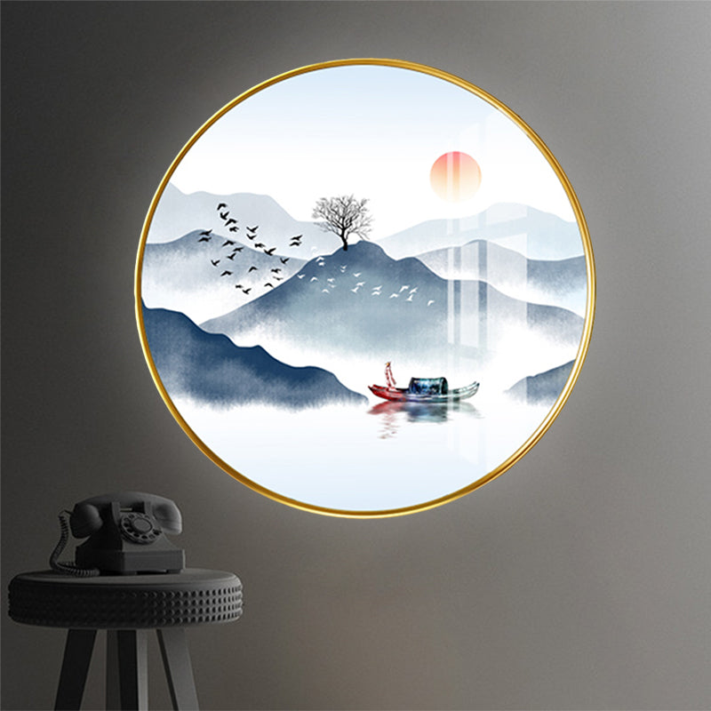 Fabric Round Wall Lighting Fixture Chinese Style LED Mountain Wall Mural Light in Gold Clearhalo 'Wall Lamps & Sconces' 'Wall Lights' Lighting' 1192899