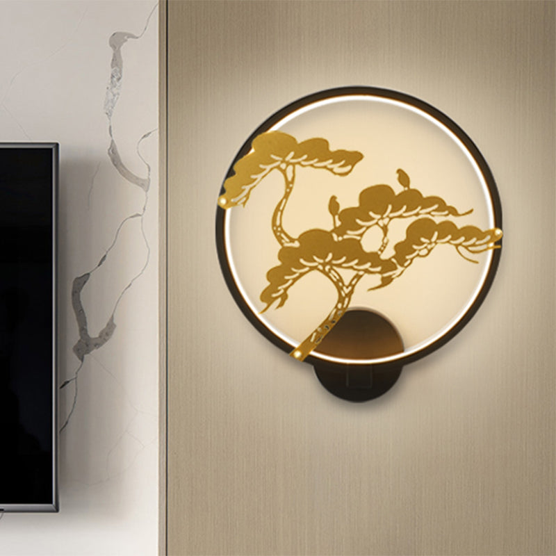 Chinese Style LED Wall Mural Lamp Metal Black/White Circular Pine Tree Patterned Wall Lighting Clearhalo 'Wall Lamps & Sconces' 'Wall Lights' Lighting' 1193031