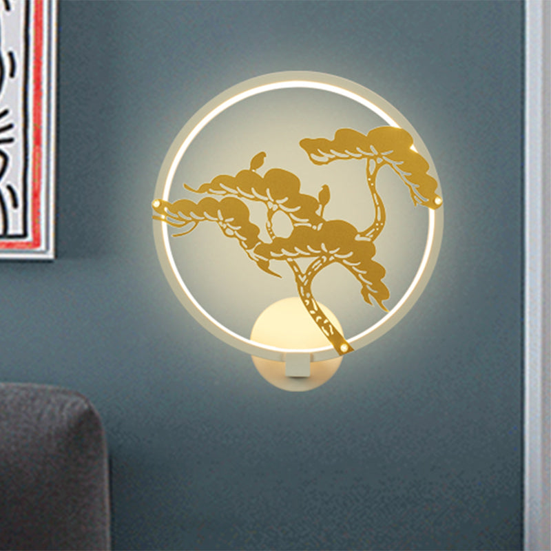 Chinese Style LED Wall Mural Lamp Metal Black/White Circular Pine Tree Patterned Wall Lighting Clearhalo 'Wall Lamps & Sconces' 'Wall Lights' Lighting' 1193035