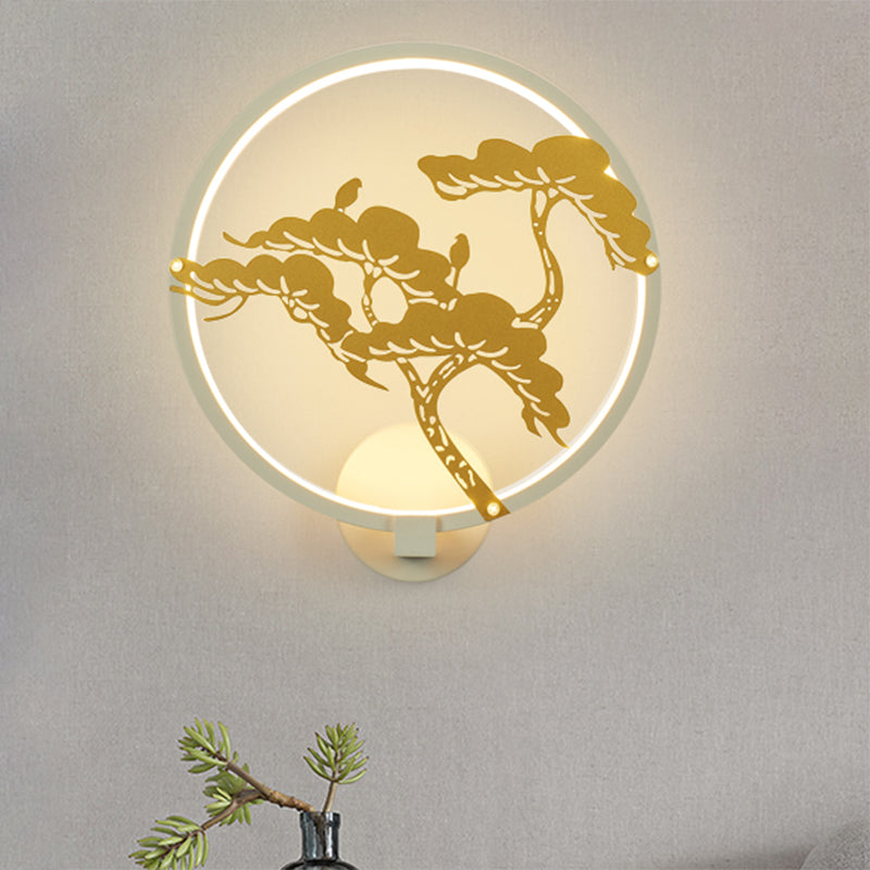 Chinese Style LED Wall Mural Lamp Metal Black/White Circular Pine Tree Patterned Wall Lighting Clearhalo 'Wall Lamps & Sconces' 'Wall Lights' Lighting' 1193036