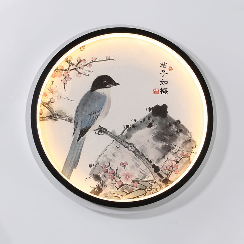 Oriental Style Circular Metallic Mural Lamp LED Wall Mounted Light in Black with Blossom/Bird Pattern Clearhalo 'Wall Lamps & Sconces' 'Wall Lights' Lighting' 1193045