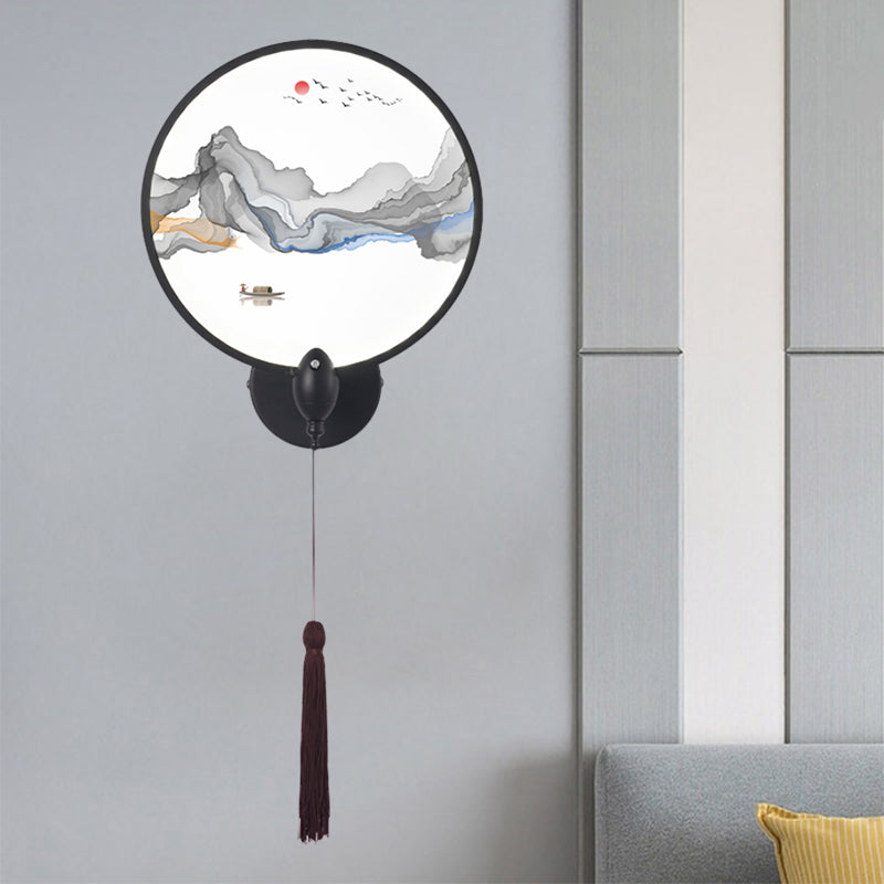 LED Bedroom Wall Mural Light Chinese Style Black Mountain Wall Lighting Fixture with Circular Acrylic Shade Clearhalo 'Wall Lamps & Sconces' 'Wall Lights' Lighting' 1193048