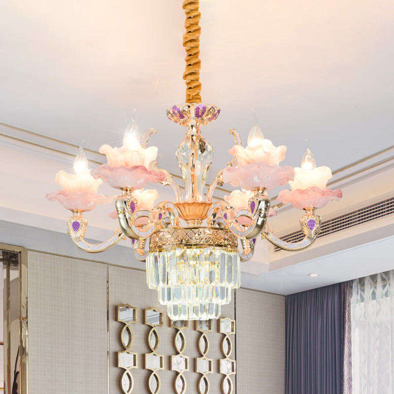 6 Lights 2-Layer Ruffle Chandelier Contemporary Pink Glass Pendant Lamp with Tiered Crystal Bottom Pink Clearhalo 'Ceiling Lights' 'Chandeliers' Lighting' options 1193126_b23ebf81-b5ba-4e61-b87a-723e7bcbd7f7